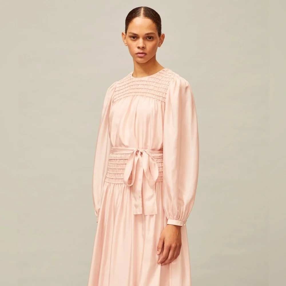 Tory Burch Silk Smocked Yoke Blouse Pale Pink Belted Top 74759 Size 4